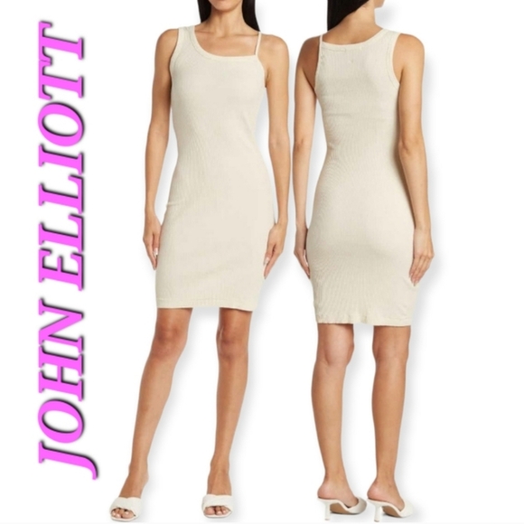 John Elliott Cotton Rib Asymmetric Strap Tank Dress in Feather beige